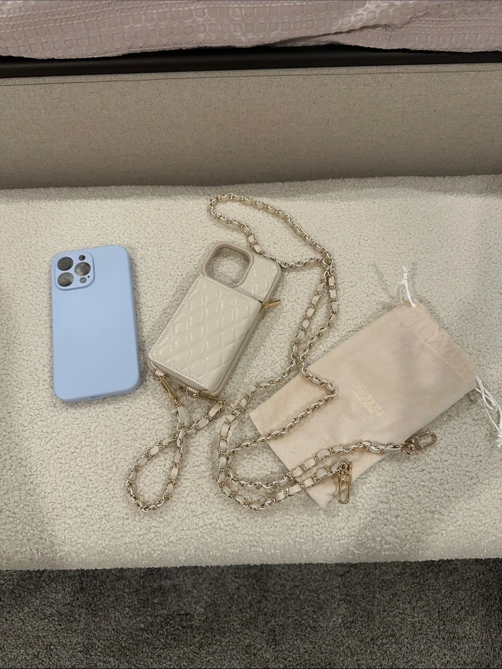 iPhone 14 Pro Max - Cream Quilted Phone Case with Gold Chain and Blue Phone Case